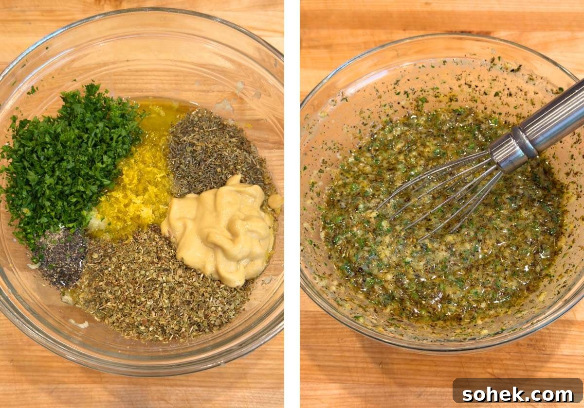 Greek Lemon Roasted Chicken Thighs with Garlic and Oregano 5 herbs, oil, mustard in a bowl, and whisked up