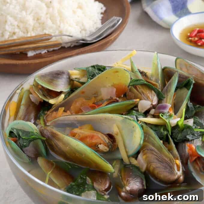 Mussel Soup (Sinabawang Tahong): Filipino Seafood Broth Recipe 6 mussel soup in a bowl with a plate of steamed rice in the background.