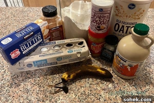 Soft-Baked Peanut Butter Banana Oat Bars for Snacks and Lunch 3 Ingredients on kitchen counter for peanut butter and banana oat bars