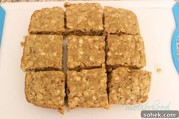 Soft-Baked Peanut Butter Banana Oat Bars for Snacks and Lunch 5 Finished peanut butter and banana oat bars on cutting board cut into 9 squares