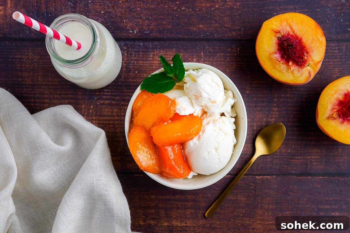 Stewed Peaches on Ice Cream