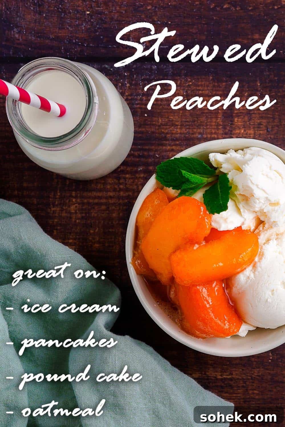 Stewed Peaches on Ice Cream with Milk on the Side