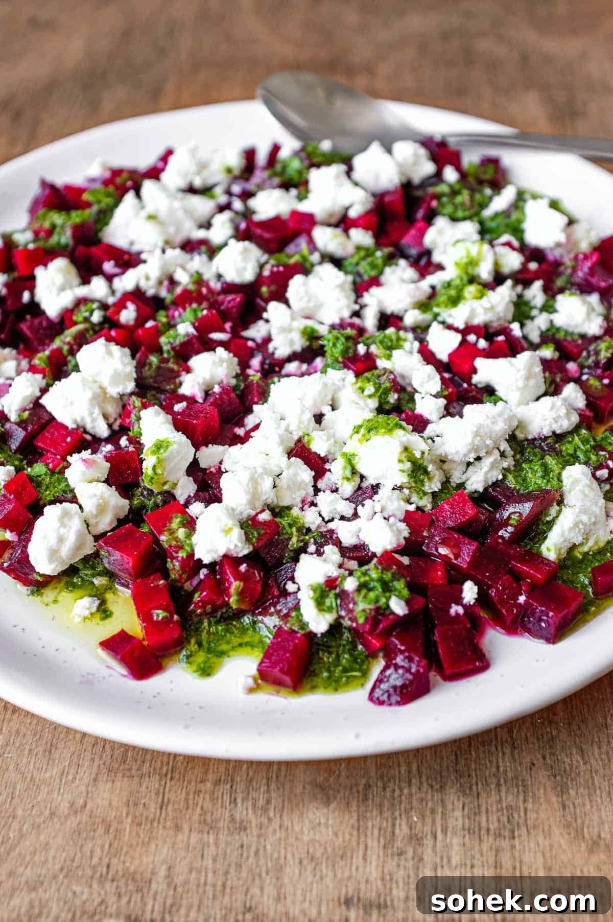 Beetroot & Feta Salad With Fresh Herb Dressing | cookeatworld.com A platter of beetroot & feta salad with a herb dressing