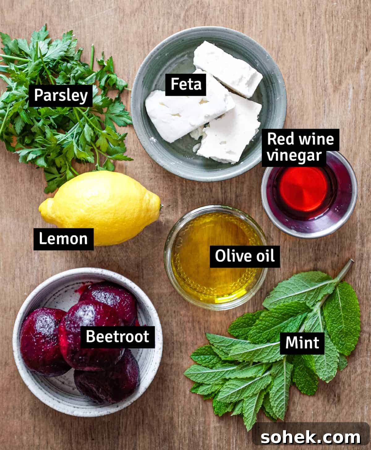 Beetroot & Feta Salad With Fresh Herb Dressing | cookeatworld.com the ingredients for beetroot & Feta salad with her dressing: beetroot, lemon, red wine vinegar, olive oil, mint, parsley and feta cheese.