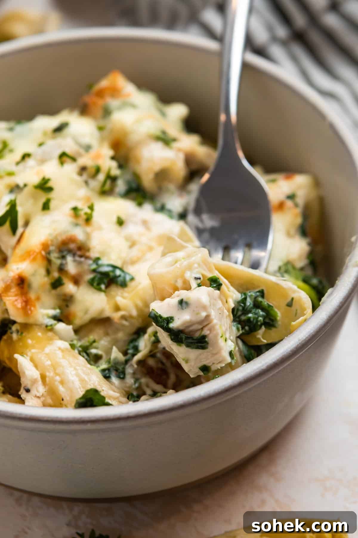 Spinach and Artichoke Chicken Casserole Recipe for Family Meals 11 Spinach, chicken artichoke pasta casserole in bowl with fork.
