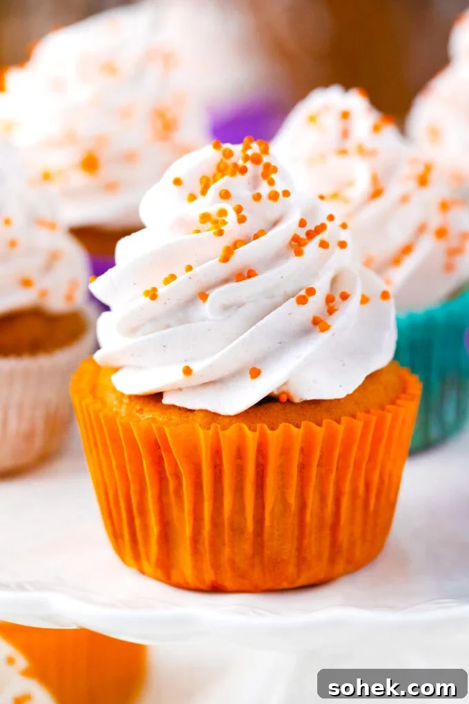 Creamy Sweet Potato Pie Cupcakes Recipe for Fall Desserts 11 Sweet potato pie cupcakes topped with cinnamon whipped cream and orange sprinkles.
