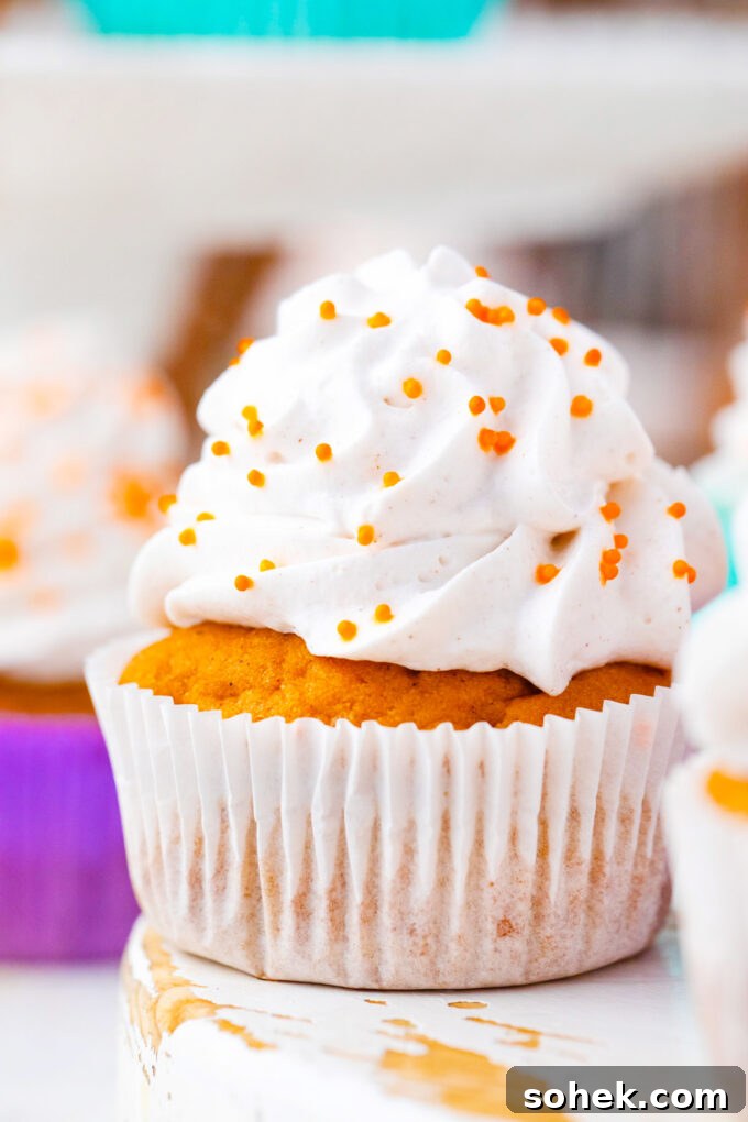 Creamy Sweet Potato Pie Cupcakes Recipe for Fall Desserts 14 Sweet potato pie cupcake topped with whipped cream and orange sprinkles.