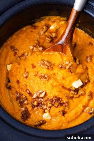 Crockpot mashed sweet potatoes topped with nuts.