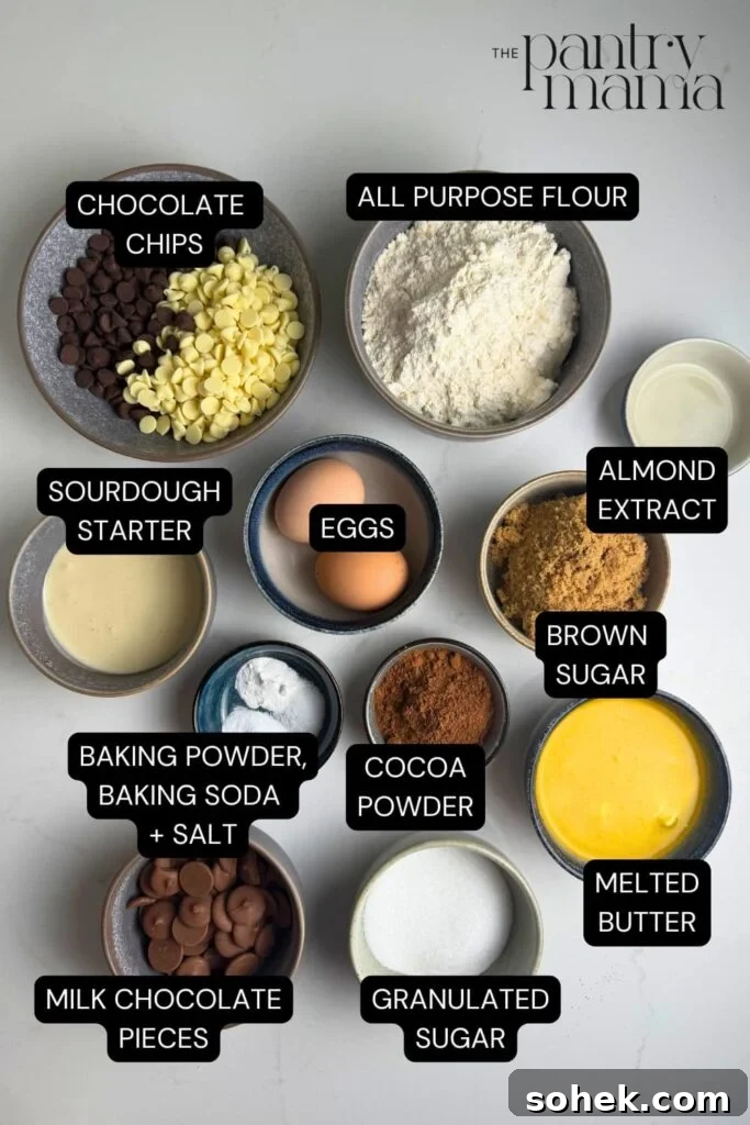 Triple Chocolate Sourdough Cookies Recipe with Crispy Edges 3 Flat lay of ingredients necessary to create a batch of triple chocolate sourdough cookies.