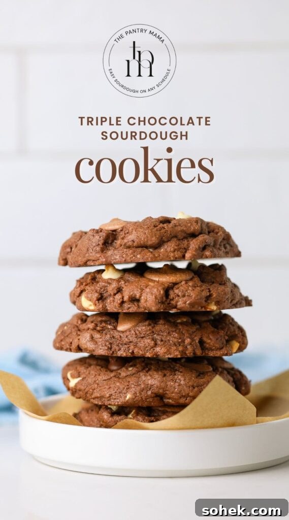 Triple Chocolate Sourdough Cookies Recipe with Crispy Edges 6 A stack of 5 rich sourdough triple chocolate cookies layered with 3 types of chocolate (semi sweet chocolate, milk chocolate and white chocolate).