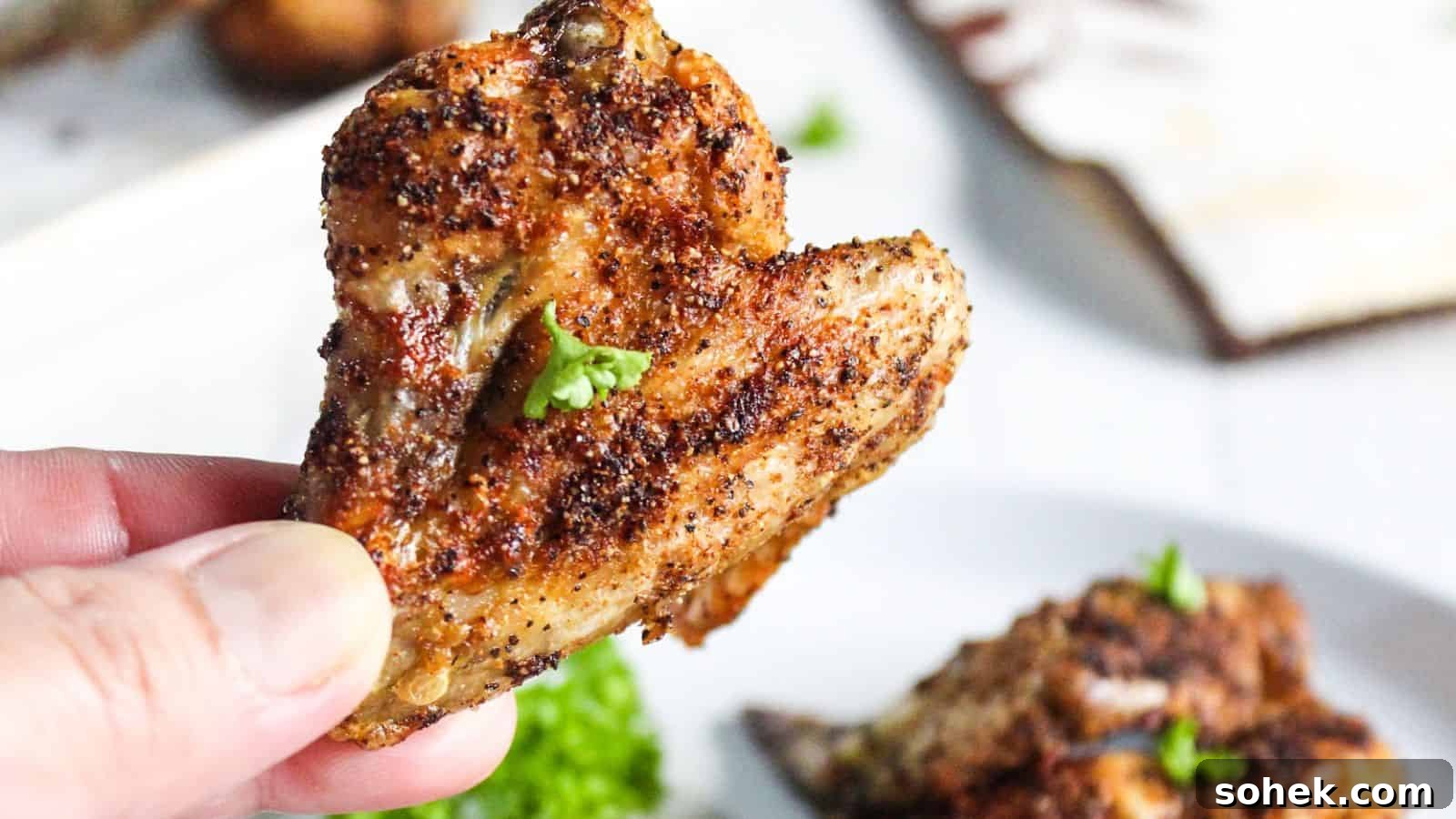 26 Irresistible Air Fryer Game Day Snacks to Serve Guests 2 A person holds a seasoned, air-fried chicken wing garnished with parsley.
