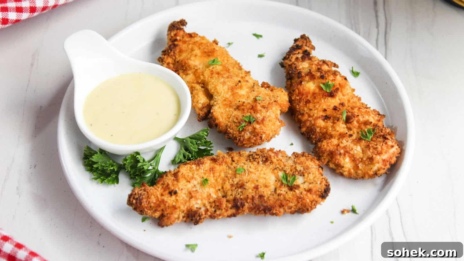 26 Irresistible Air Fryer Game Day Snacks to Serve Guests 20 Fried chicken tenders on a plate with dipping sauce.