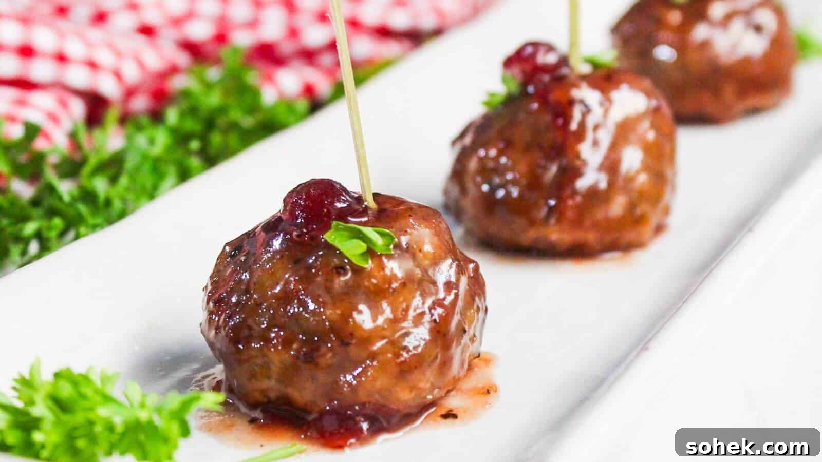 26 Irresistible Air Fryer Game Day Snacks to Serve Guests 22 Three glazed meatballs are arranged in a row on a white plate, each garnished with a stick and a small sprig of parsley. A red checkered cloth and some fresh parsley are in the background.