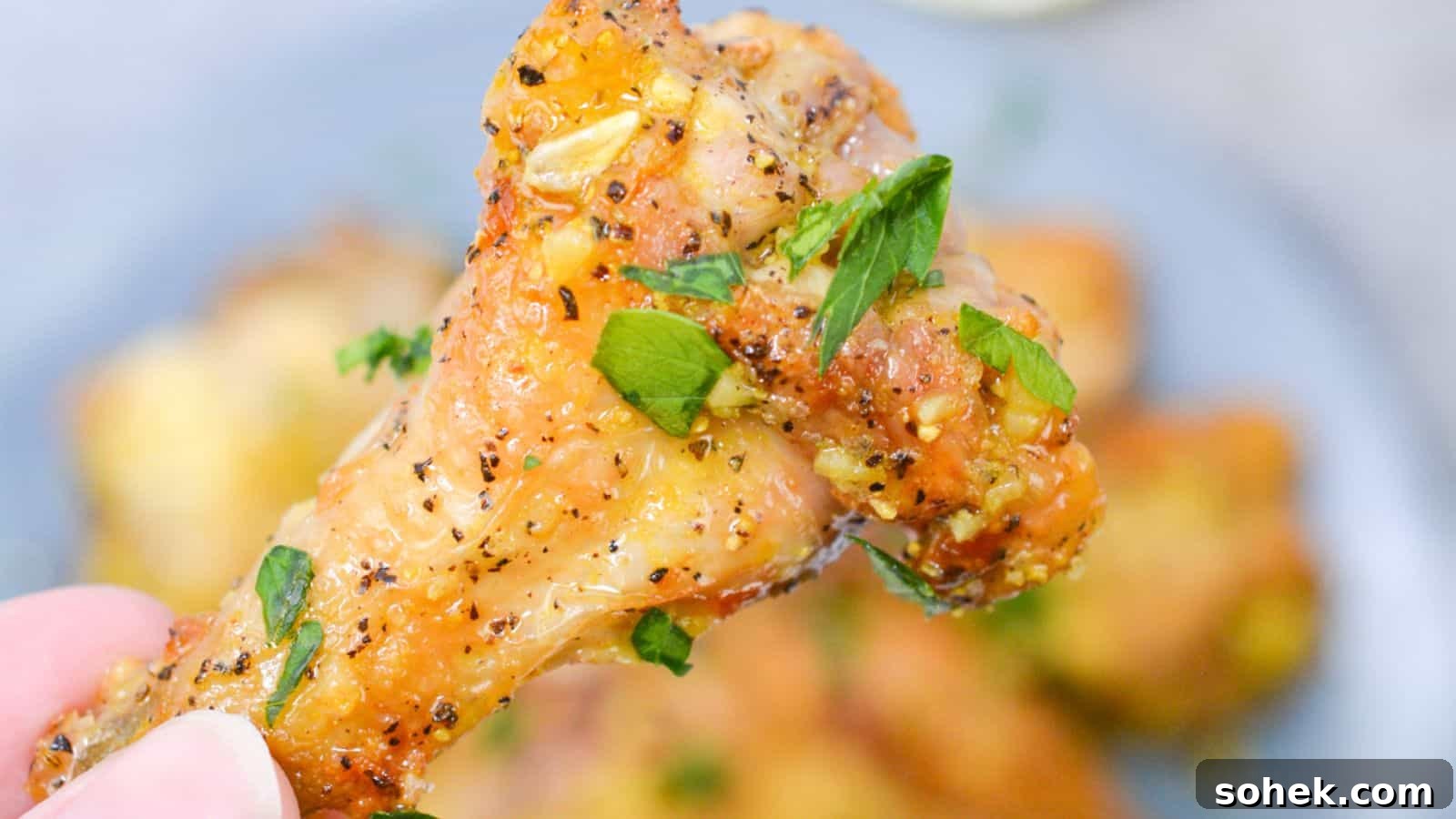 26 Irresistible Air Fryer Game Day Snacks to Serve Guests 23 Close-up of a hand holding a seasoned chicken wing garnished with fresh herbs, with more pieces on a plate in the background.