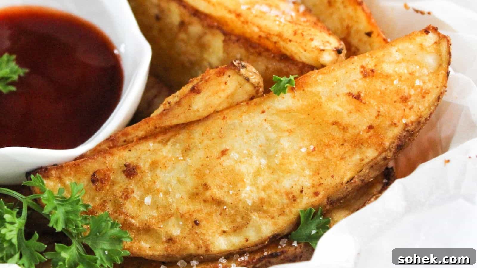 26 Irresistible Air Fryer Game Day Snacks to Serve Guests 7 Fried potato wedges with ketchup and parsley.