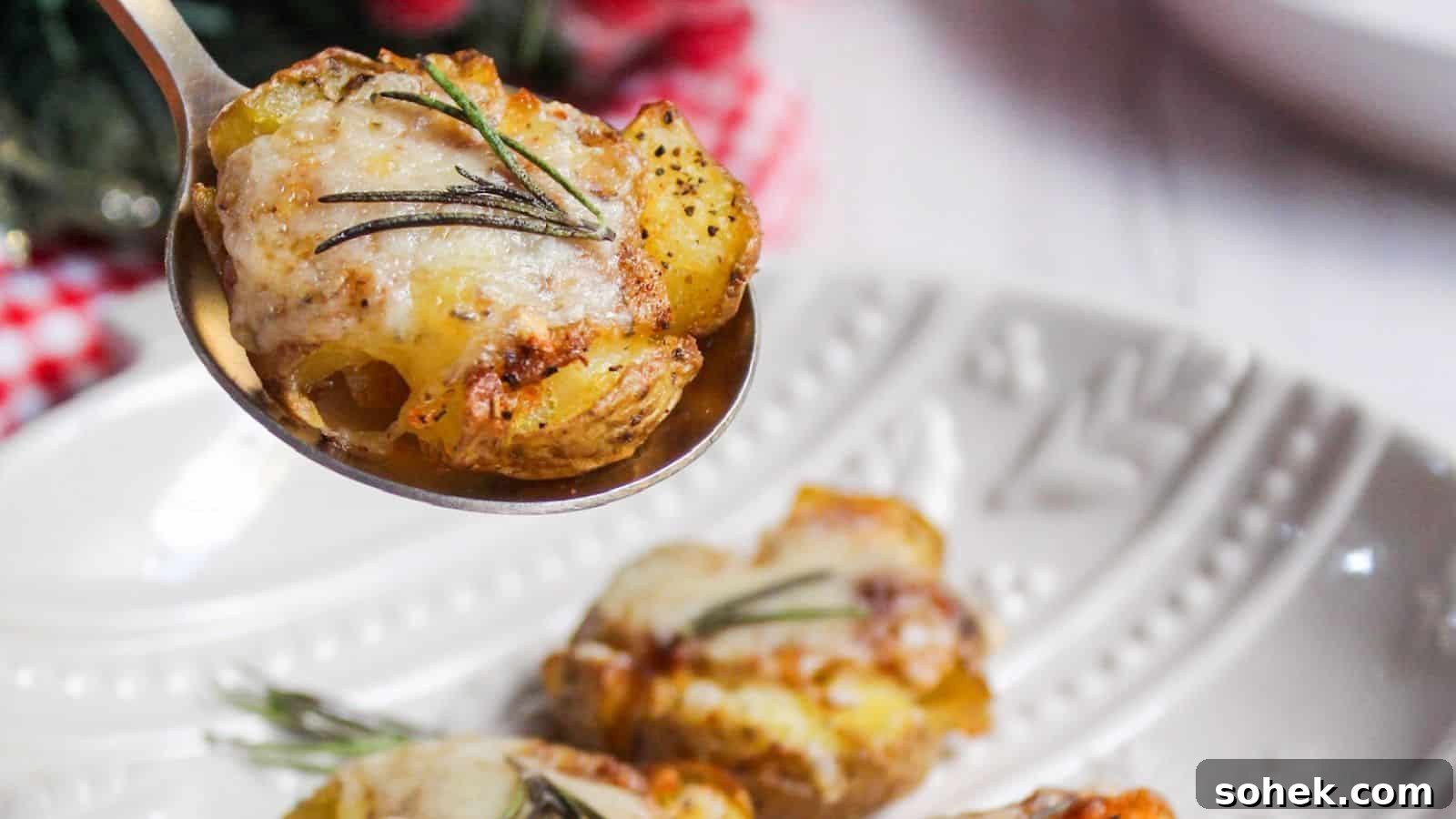 26 Irresistible Air Fryer Game Day Snacks to Serve Guests 10 A spoon lifting a smashed potato garnished with rosemary, with a festive table setting in the background.