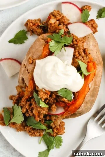 Chili stuffed sweet potato topped with sour cream, cilantro, and radishes with avocado on the side.