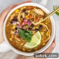 Southwestern Chicken Chili Recipe: Zesty One-Pot Dinner 15 Hands holding a bowl of chicken chili topped with fresh cilantro and a lime wedge.