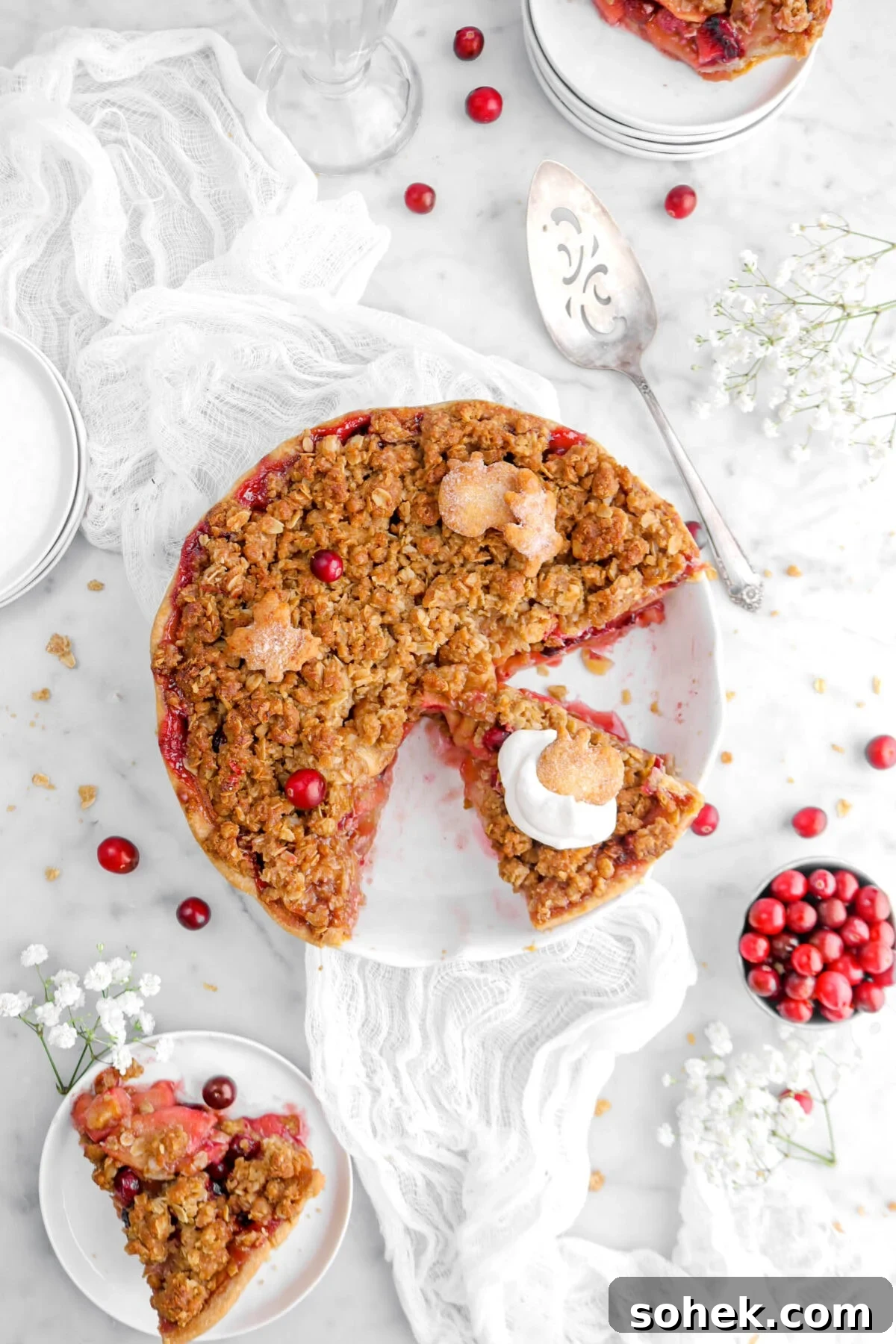 Apple Cranberry Crumble Pie Recipe with Buttery Oat Topping 2 overhead shot of apple cranberry crumble pie in pie plate with a slice dolloped with whipped cream. Two slices of pie on white plates around pie plate.