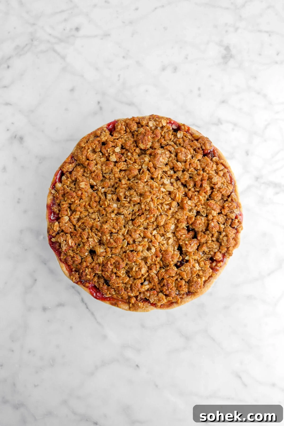Apple Cranberry Crumble Pie Recipe with Buttery Oat Topping 16 baked crumble pie on marble surface.