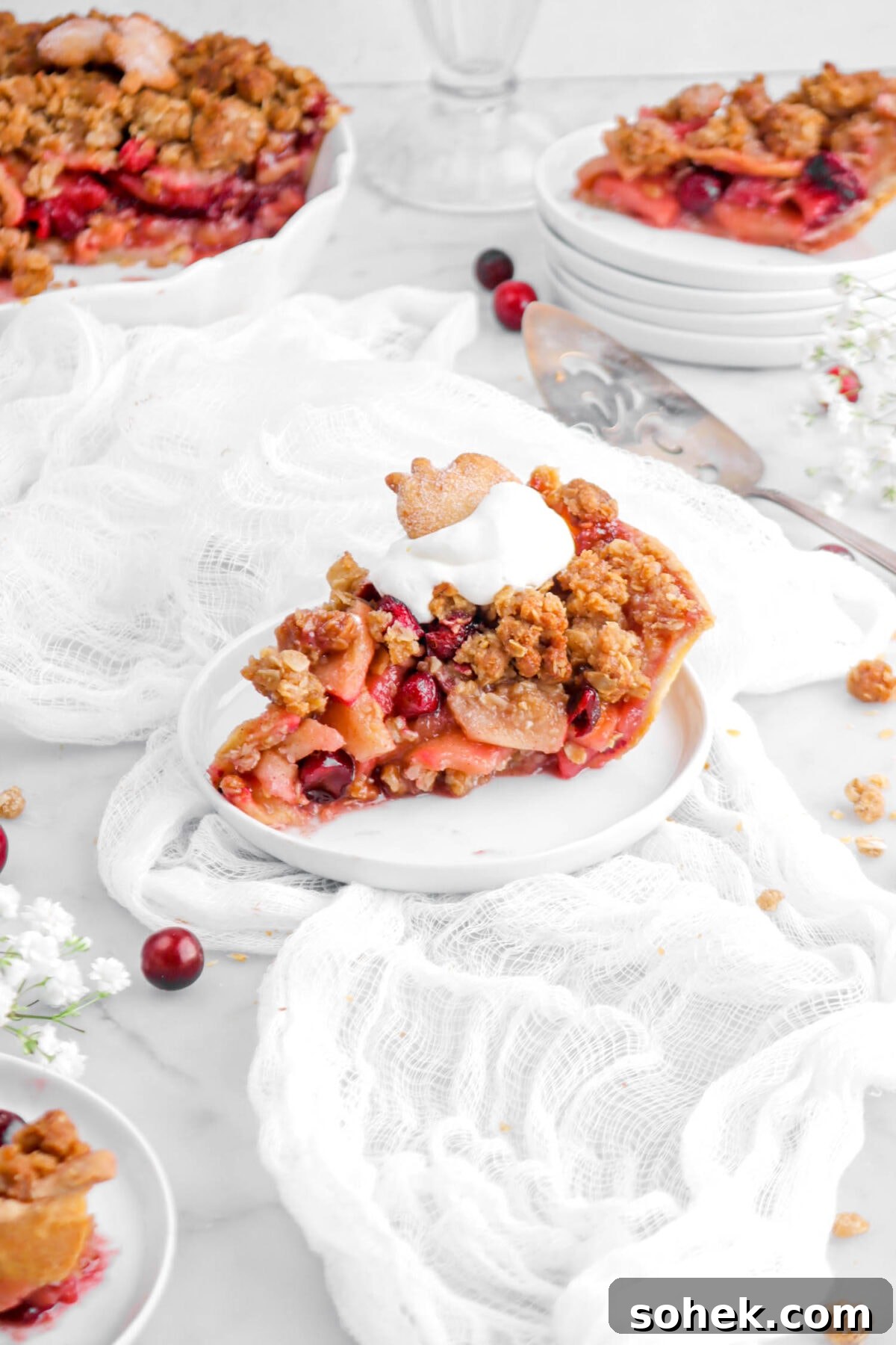 Apple Cranberry Crumble Pie Recipe with Buttery Oat Topping 18 slice of apple cranberry crumble pie on white plate with dollop of whipped cream on top, two more slices and whole pie around on white cheese cloth.