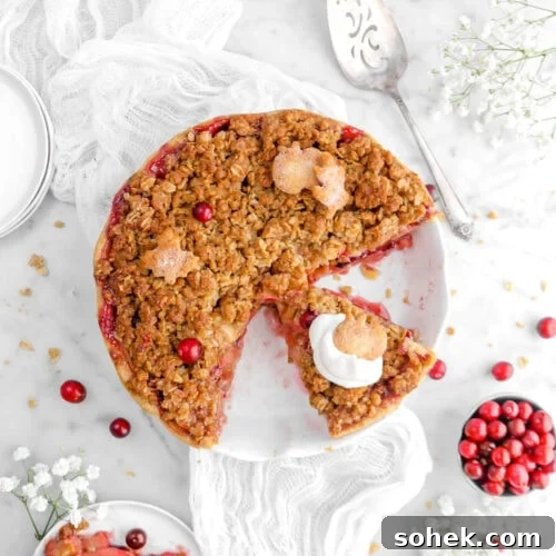 Apple Cranberry Crumble Pie Recipe with Buttery Oat Topping 19 overhead shot of apple cranberry crumble pie in pie plate with a slice dolloped with whipped cream. Two slices of pie on white plates around pie plate.