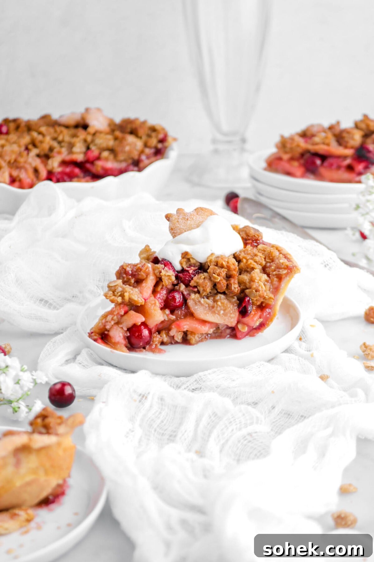 Apple Cranberry Crumble Pie Recipe with Buttery Oat Topping 4 slice of apple cranberry crumble pie on white plate with two more slices in front and behind, as well as pie behind.