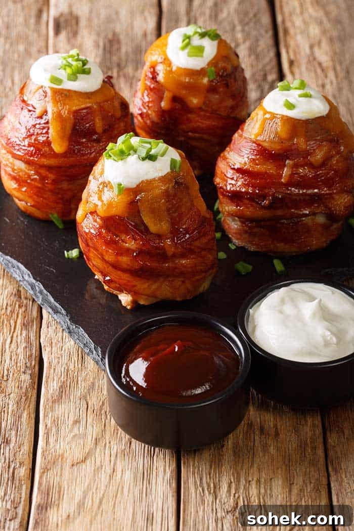 Grilled volcano whole potatoes with bacon and cheese served with sauces close-up on the table