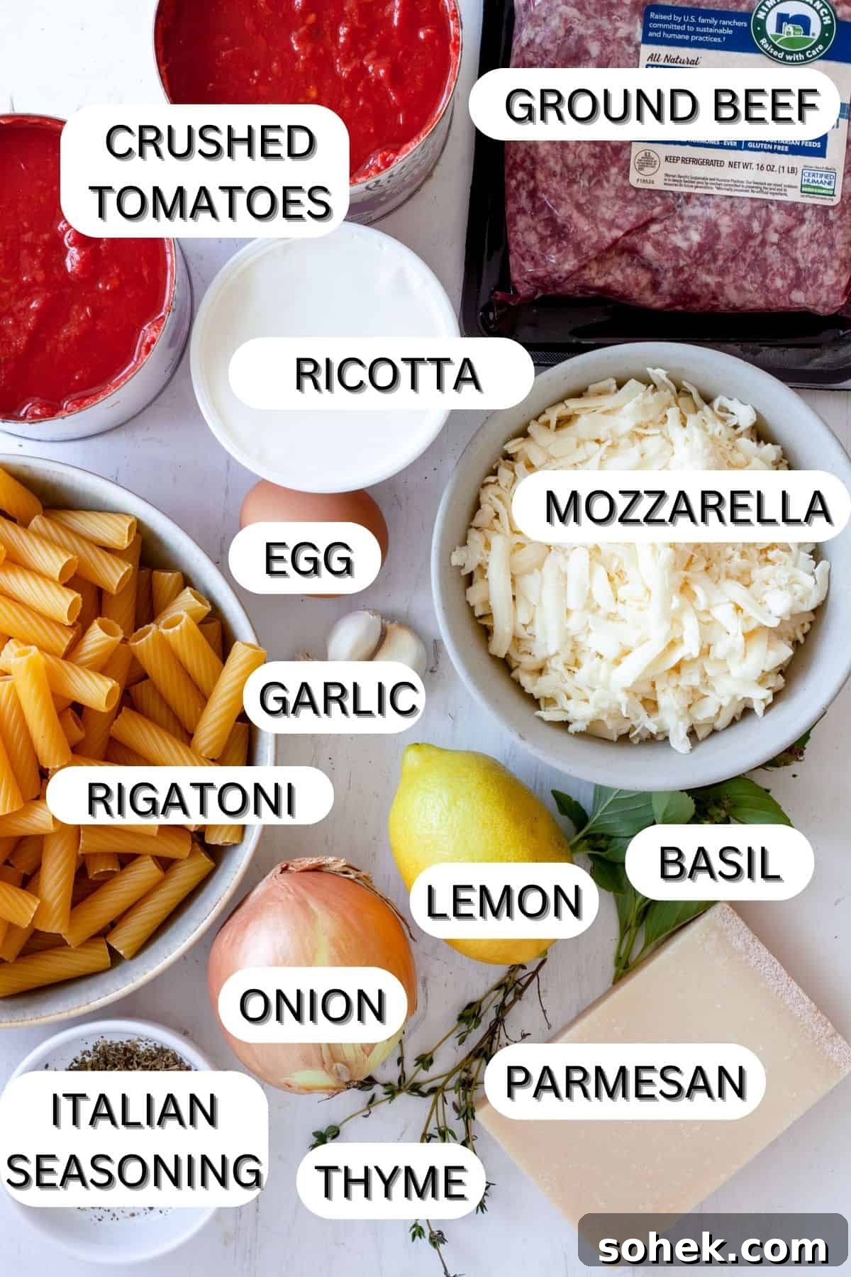 Ingredients for rigatoni al forno.