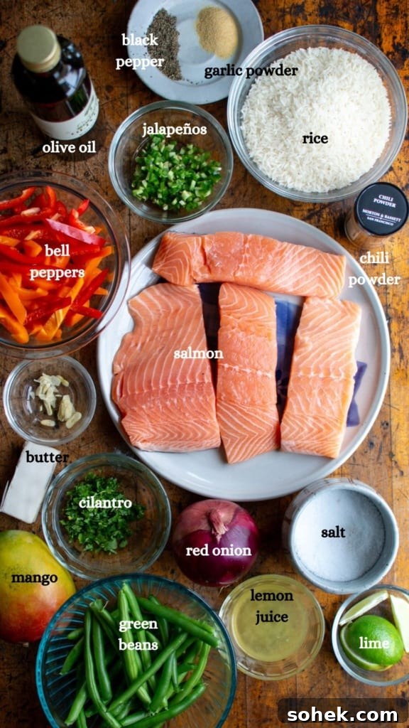 Crispy Salmon Rice Bowl with Fresh Mango Salsa 3 All the ingredients to make salmon rice bowls including salmon and green beans