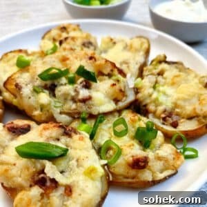 A pile of stuffed potato skins on a white plate.