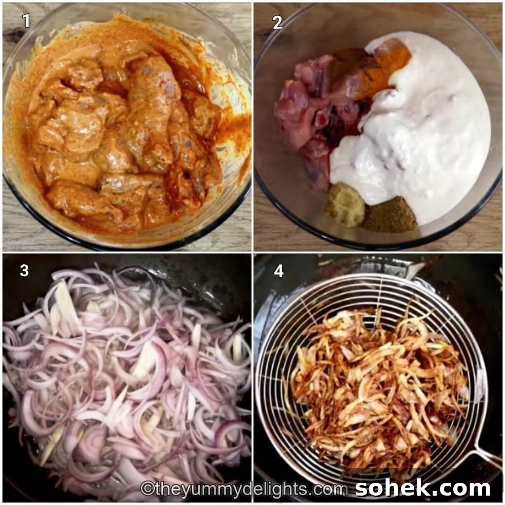 Authentic Mughlai Chicken Curry Recipe: Rich Spiced Chicken Stew 4 Collage image of 4 steps showing preparations to make Mughali chicken curry. It shows marinating the chicken and making birista.