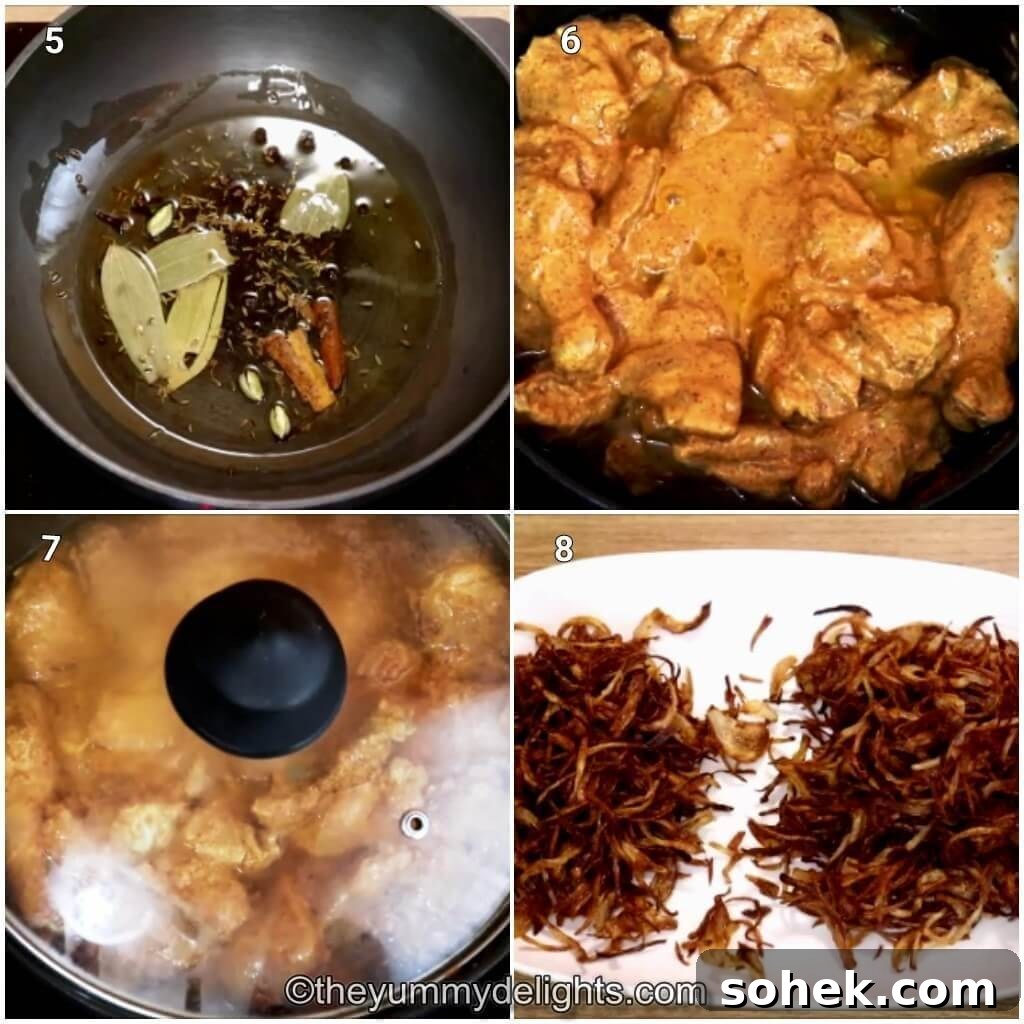 Authentic Mughlai Chicken Curry Recipe: Rich Spiced Chicken Stew 5 Collage image of 4 steps showing making the mughlai chicken curry. It shows sauteing whole spices, addition of marinated chicken to the gravy and cooking it. It also shows dividing the fried onions in two parts.
