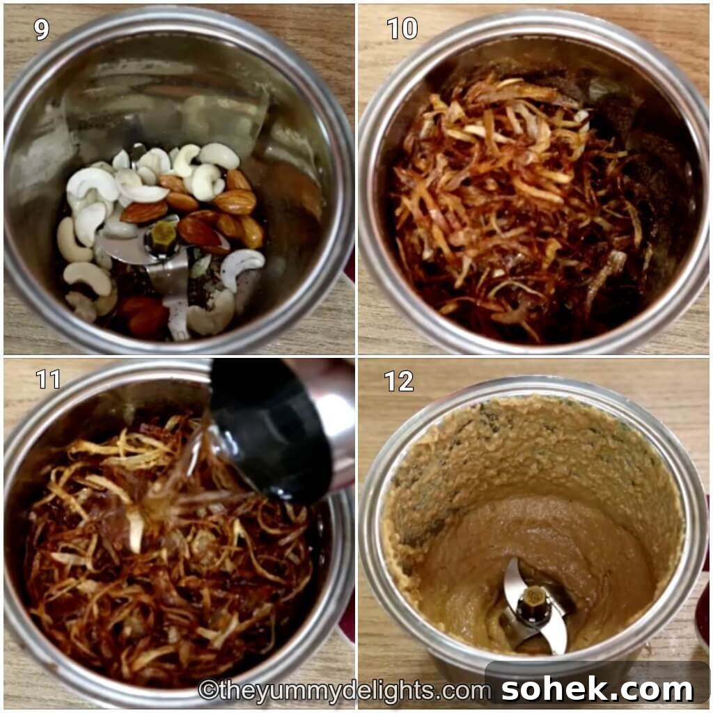 Authentic Mughlai Chicken Curry Recipe: Rich Spiced Chicken Stew 6 Collage image of 4 steps showing addition of cashews, almonds and fried onions to the mixer jar and grinding it to a fine paste.