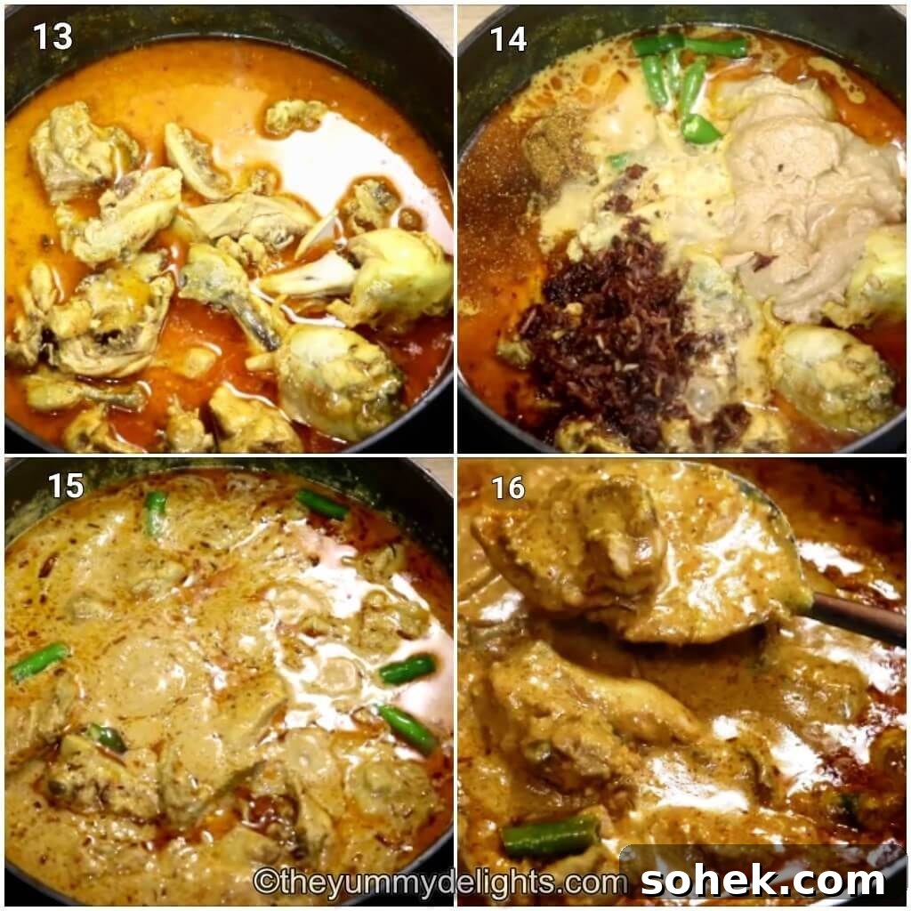 Authentic Mughlai Chicken Curry Recipe: Rich Spiced Chicken Stew 7 Collage image of 4 steps showing making the Mughlai Chicken. It shows addition of crushed onions, onion paste, green chilies and keora water to the curry and cooking it.