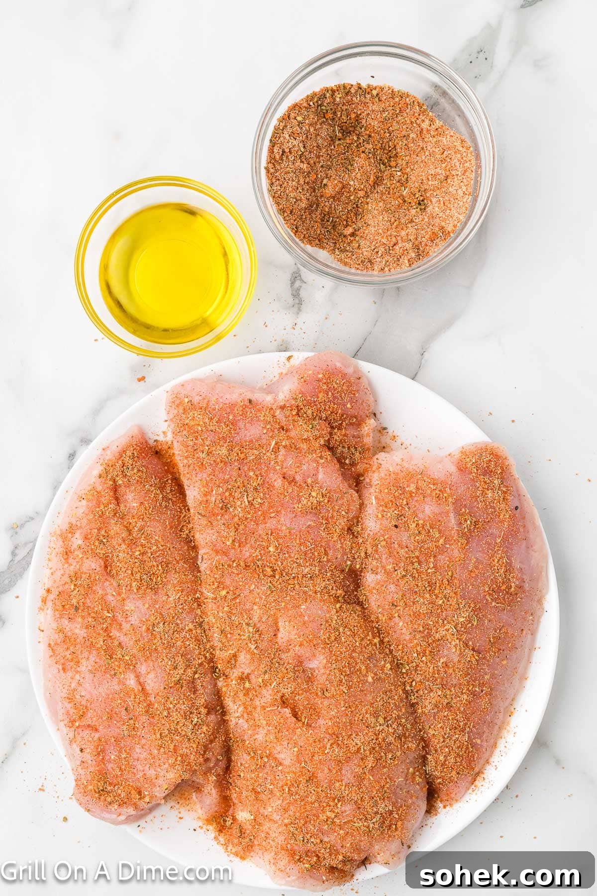 Juicy Grilled Turkey Tenderloin with Garlic Herb Marinade 5 Adding dry seasoning on the turkey tenderloin on a plate with small bowls of oil and seasoning