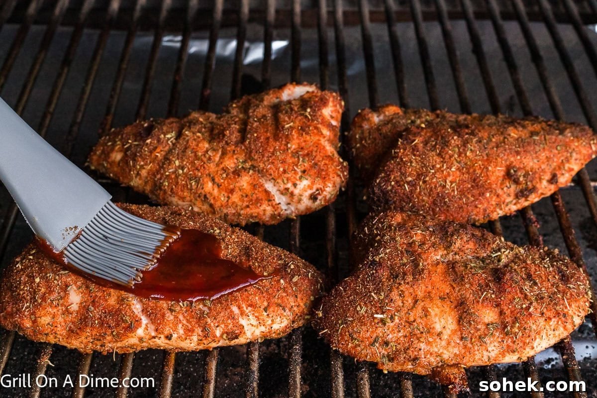 Juicy Grilled Turkey Tenderloin with Garlic Herb Marinade 6 Grilled turkey tenderloin on the grill grates being basted with BBQ sauce with a brush