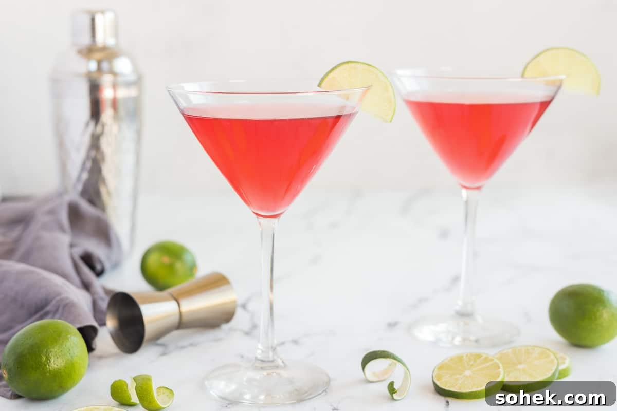 Classic Cosmopolitan Cocktail Recipe: How to Mix a Perfect Cosmopolitan 7 Two cosmopolitan cocktails in martini glasses with a lime slice on the rims.