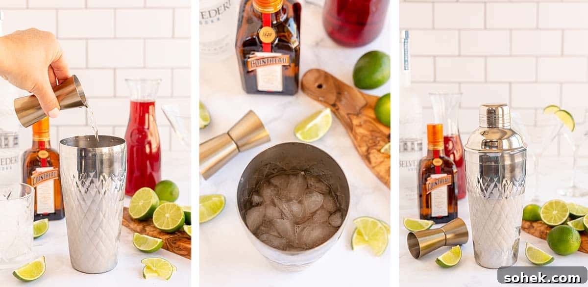 Classic Cosmopolitan Cocktail Recipe: How to Mix a Perfect Cosmopolitan 8 Vodka pouring from a tumbler into a cocktail shaker with ice.