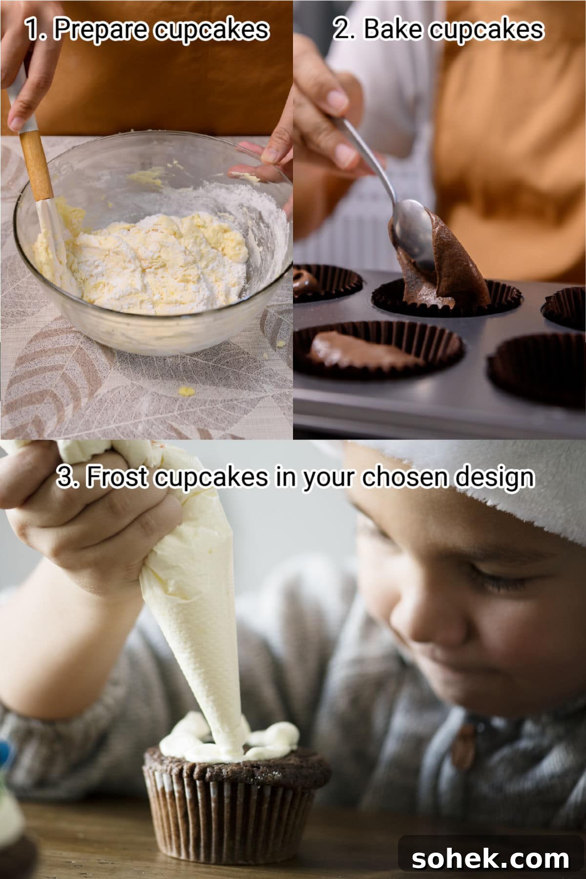three images showing preparing of halloween cupcakes