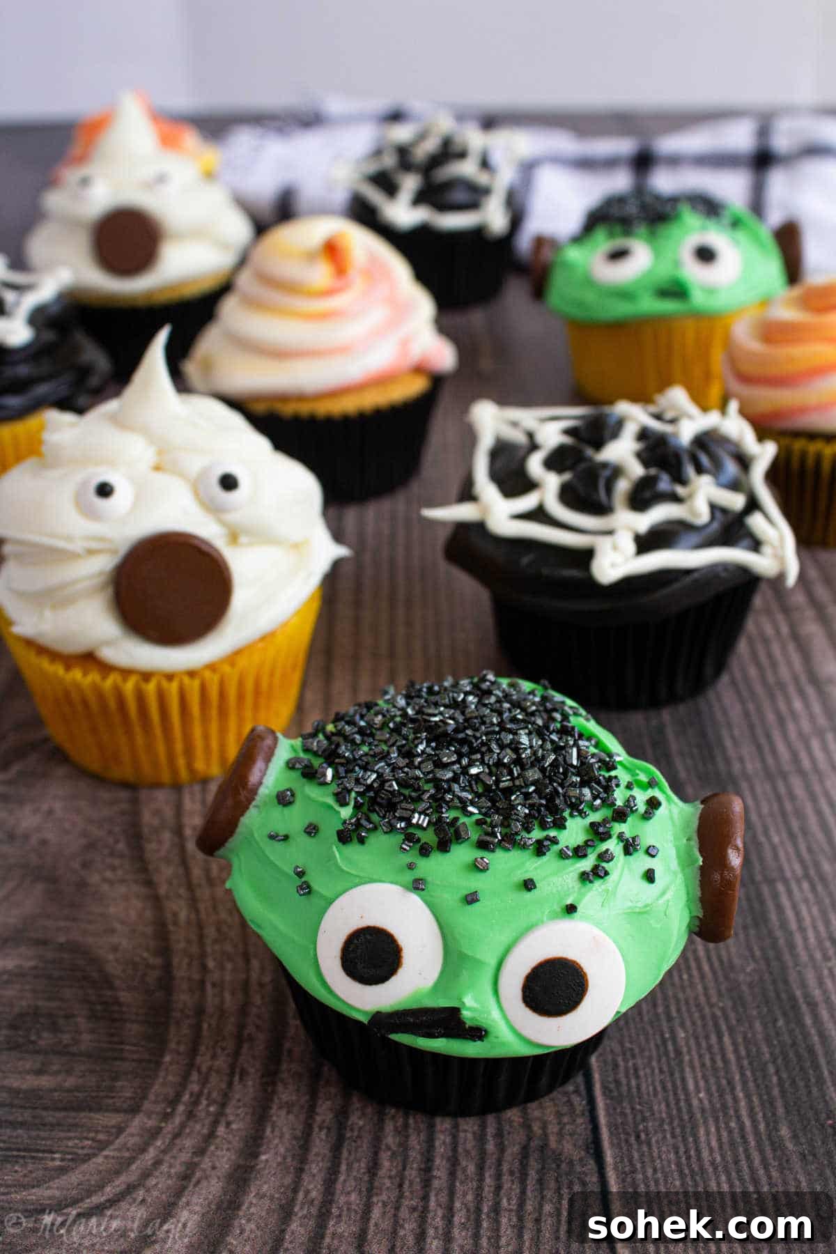 close up of ghost cupcakes, frankenstein cupcakes, spiderweb cupcakes