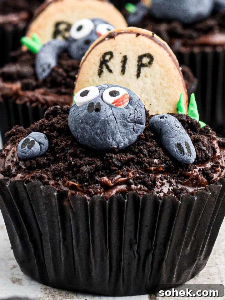 Close up of a zombie cupcake.
