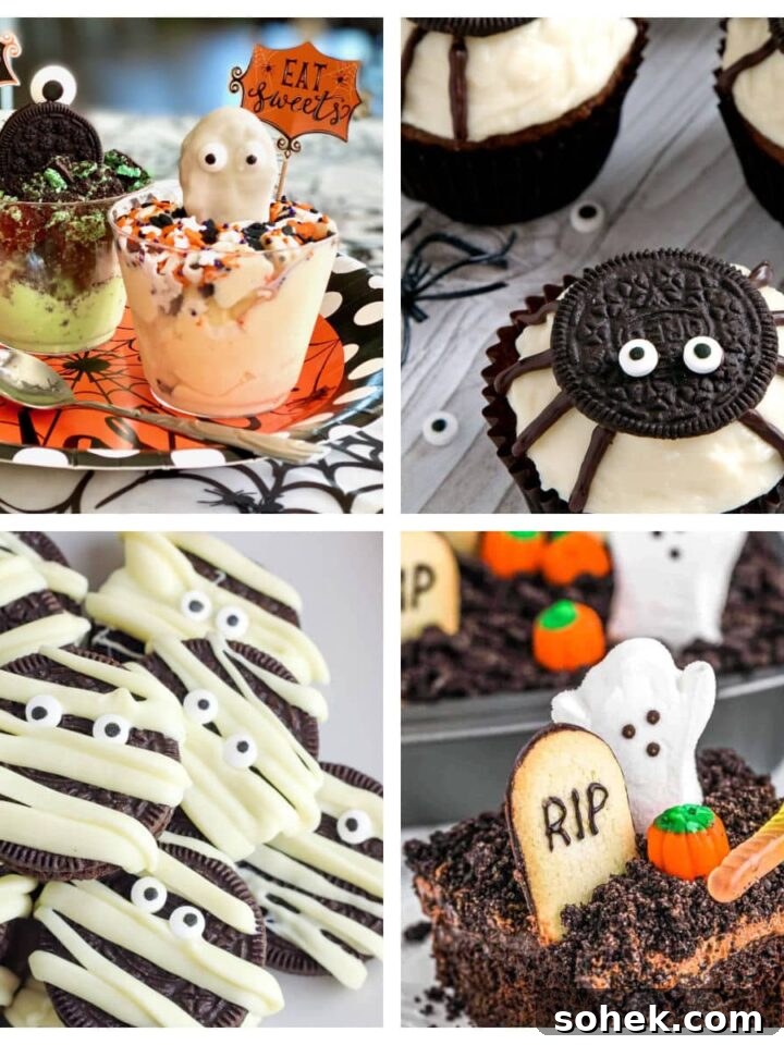 A collage of four images showing some halloween treats that were made using oreos.