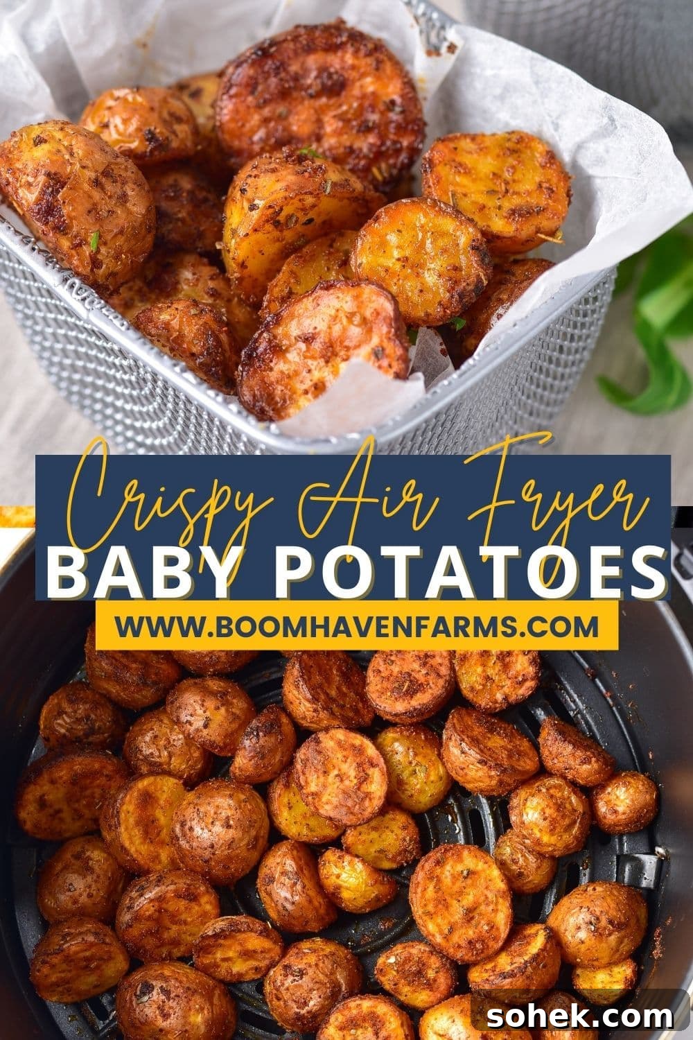 vertical collage image of baby potatoes in air fryer basket with text between the images 