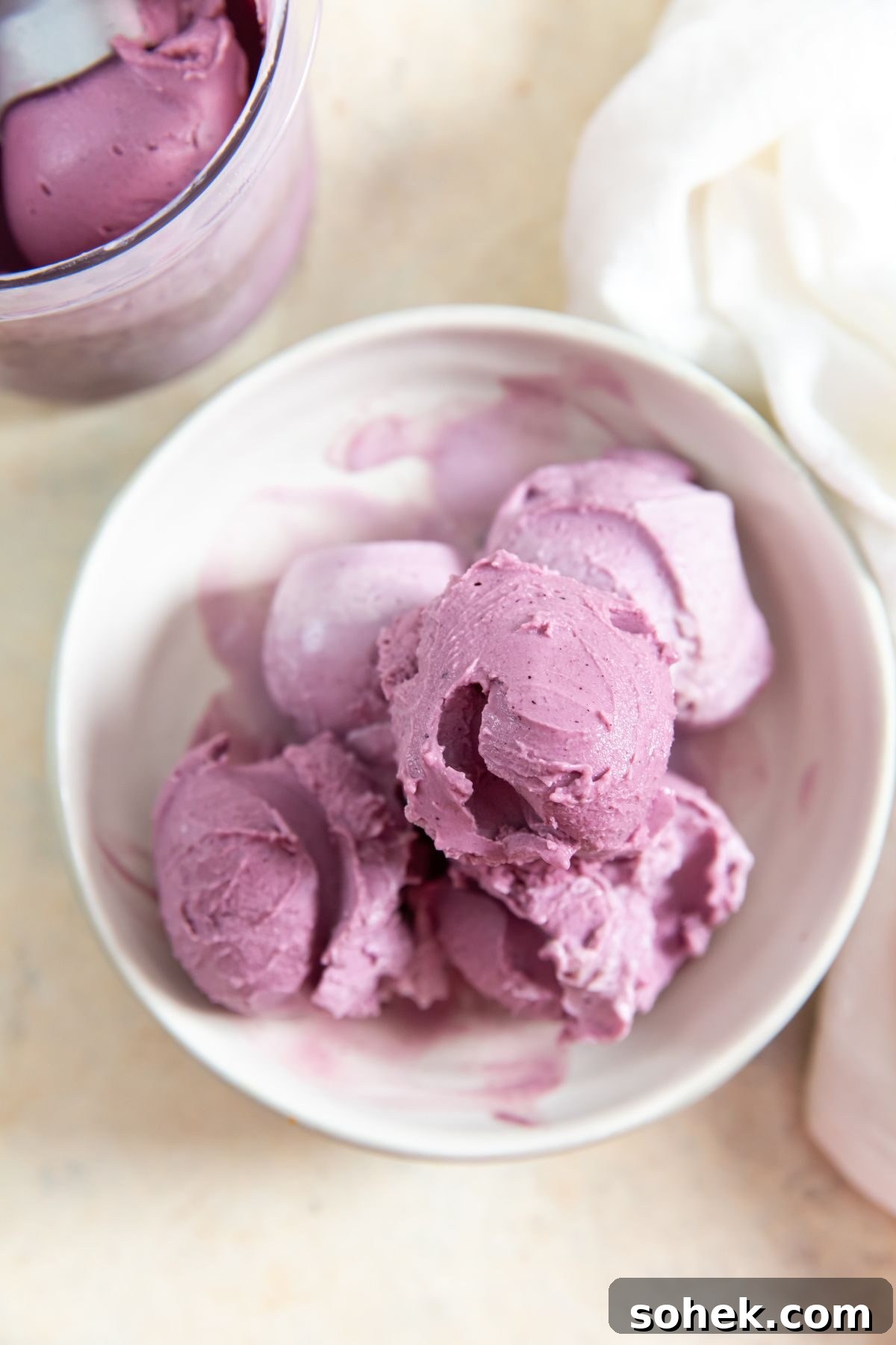 Homemade Blueberry Frozen Yogurt Recipe for Ninja Creami 2 ninja creami low carb blueberry frozen yogurt in a bowl with white napkin