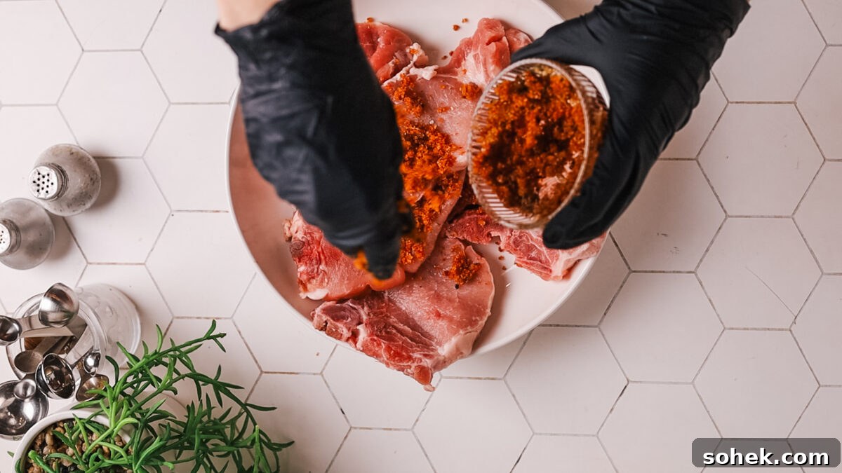 Crispy Tender Pork Chops in the Air Fryer Every Time 6 applying rub on pork chop