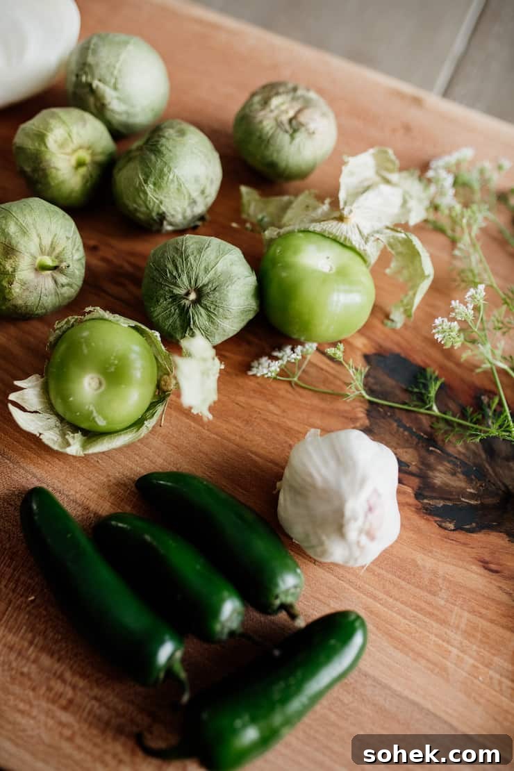 ingredients to make salsa verde jalapeño garlic tomatillo onion.