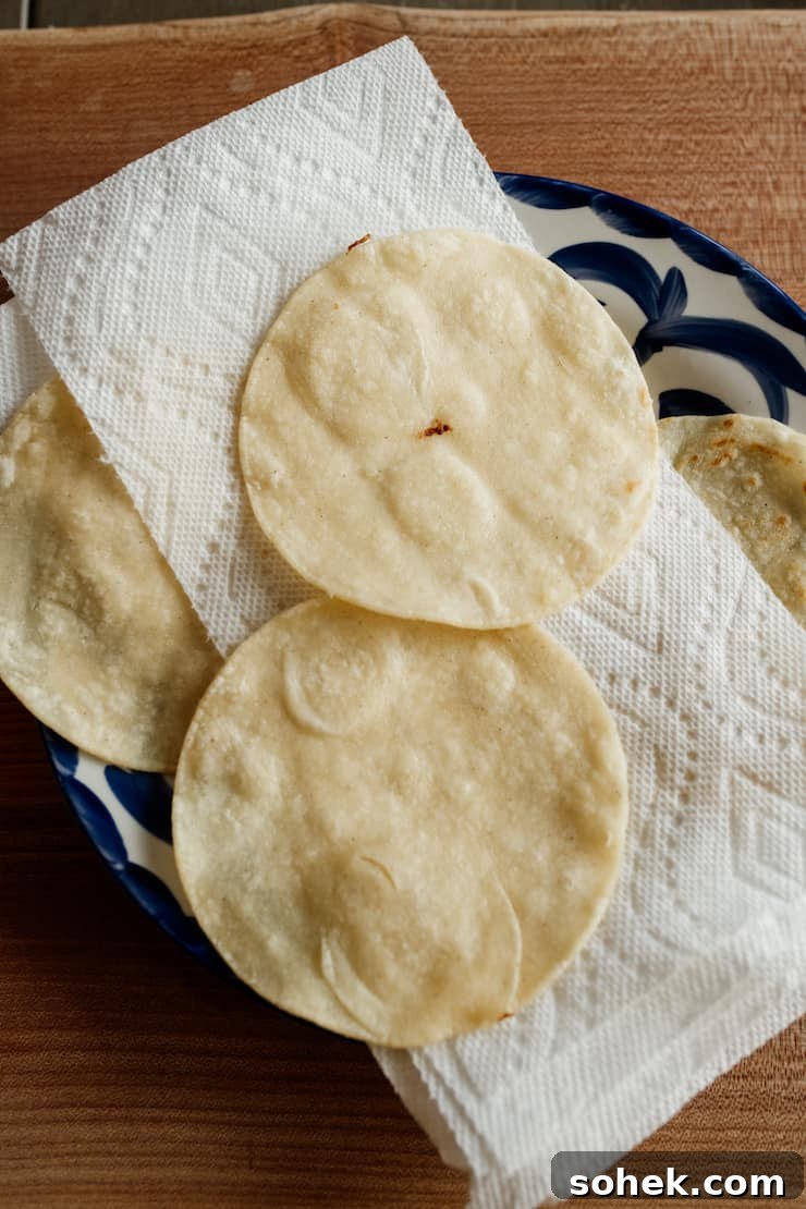 Lightly fried corn tortillas draining on paper towels on a Mexican pottery plate.
