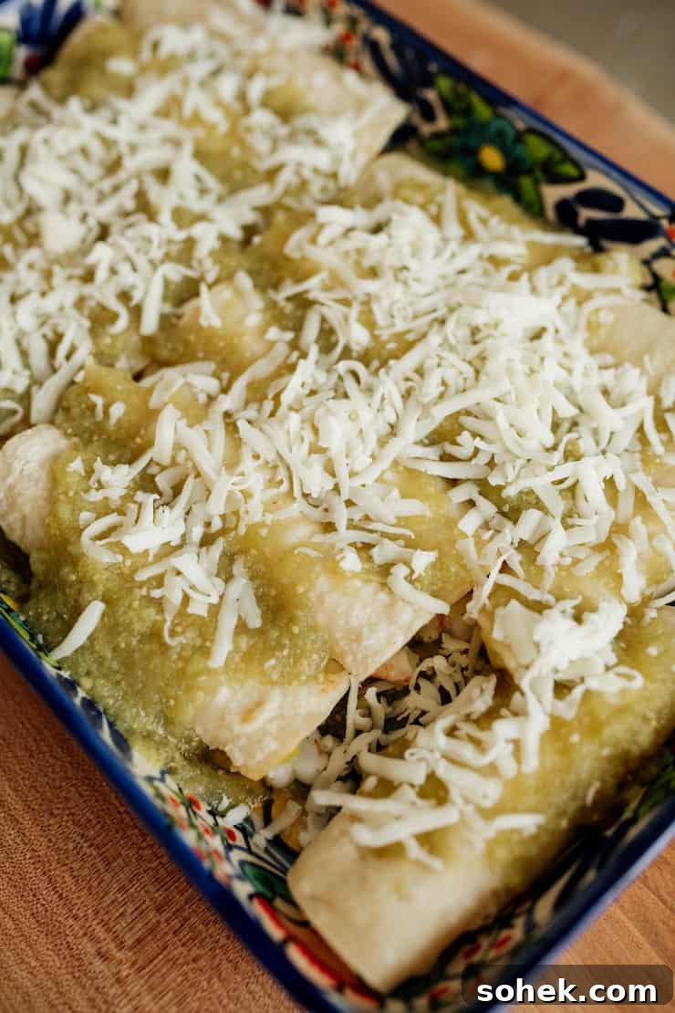 Mexican talavera baking dish with rolled enchiladas filled with shrimp and smothered with salsa verde and topped with shredded white cheese. 