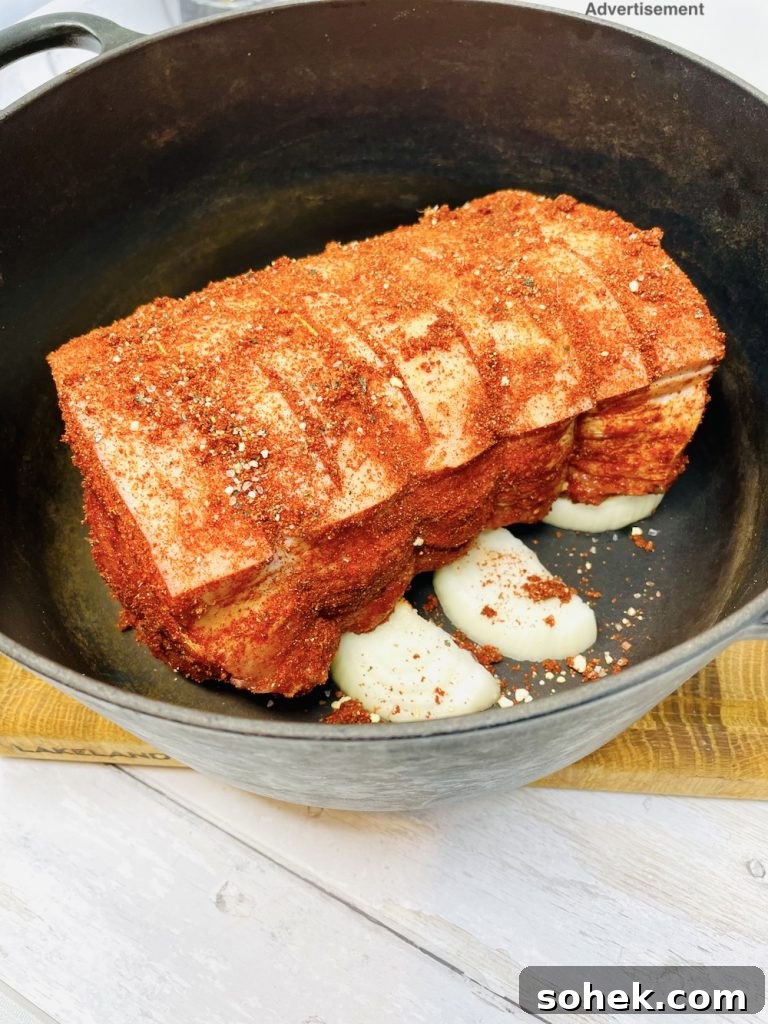 Smoky Pulled Pork for Bonfire Night Recipes 5 Boneless pork shoulder in a cast iron Dutch oven ready to cook and make pulled pork